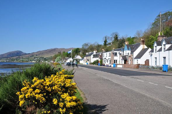 Lochcarron, lined up along the north-western shore of Loch Carron in Wester Ross. The image shows a street running from bottom right into the centre of the frame with gorse bushes in flower in the lower left and part of the loch on the left. There are two storey houses spaced out along the inland side of the road with threes behind.  These continue into the distance, curving left around the shore of the loch, with hills in the background. The sky is blue.
