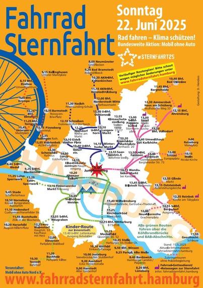 **Fahrradsternfahrt Hamburg 2025 – Routenkarte**

Die Grafik zeigt eine bunte Karte der Metropolregion Hamburg mit Startpunkten und Routen zur Fahrradsternfahrt am **Sonntag, 22. Juni 2025**. Oben links steht groß in blauer Schrift: **„Fahrrad Sternfahrt“**. Darunter befindet sich das Motto: **„Rad fahren – Klima schützen! Bundesweite Aktion: Mobil ohne Auto“**, sowie das Hashtag **#STERNFAHRT25**. Ein gelbes Feld weist darauf hin: „Vorläufiger Routenplan! Bitte schaut unter [www.fahrradsternfahrt.hamburg](http://www.fahrradsternfahrt.hamburg) nach aktuellen Infos“.

Im Zentrum der Karte ist Hamburg mit dem Zielpunkt **Jungfernstieg** dargestellt. Von dort aus verlaufen in sternförmiger Anordnung zahlreiche farbige Linien, die verschiedene Fahrradrouten aus dem Umland zeigen. Diese Linien führen über Bahnhöfe, Stadtteile und markante Punkte zur Innenstadt. Zu jeder Route sind Uhrzeiten und Haltepunkte angegeben.

**Routenfarben und Besonderheiten:**

* **Grüne Linien**: Routen, die über die Köhlbrandbrücke und Autobahnabschnitte führen.
* **Kinder-Route**: Spezielle Route für Kinder, durch die Hamburger Innenstadt, ab Planten un Blomen um 13:45 Uhr.
* **Lila, Orange, Pink, Blau, Rot, Türkis, usw.**: Weitere Haupt- und Nebenrouten aus Städten wie Elmshorn, Pinneberg, Ahrensburg, Reinbek, Stade, Harburg, Winsen und vielen mehr.