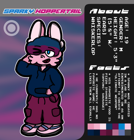 Sparky Hoppertail

About:
Age: 19
Gender: M
Height: 5'3" (5'8" w/ ears)
Species: Whiskerlop

Facts:
*Sparky was created in a lab to be experimented on as an attempt to create the "ultimate weapon"
* His favorite food is pizza (favorite topping: sausage)
* He currently has no favorite game, he likes them all equally