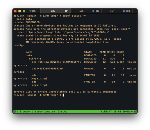 Screenshot of `zpool status` showing badly degraded mirror array with 3 out of 4 disks kaput, refusing all i/o on the pool altogether
