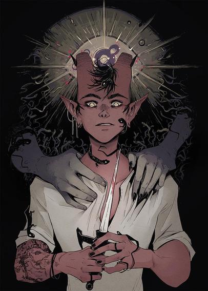 Comic Illustration of a red tattooed tiefling, holding a dagger with some blood, pointing upwards - he looks down to it - eary vibe. Two dark hands are resting on his shoulders, lizards are crawling around and about him. A big glowing eye hovers behind his head. Colors are desatured and moody.