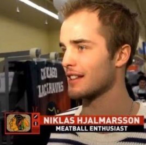 A young man with short hair is speaking, with the text overlay reading "NIKLAS HJALMARSSON - MEATBALL ENTHUSIAST."