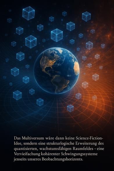 Bildbeschreibung (Deutsch):

Diese fotorealistisch-symbolische Darstellung zeigt die Erde im Zentrum eines expandierenden Raumfeldes. Aus ihr heraus breiten sich leuchtende, transparente Raumwürfel aus – symbolische Planck-Zellen –, die sich in alle Richtungen des Universums vervielfältigen. Die linke Bildhälfte erscheint in kühlem Blau, die rechte in glühendem Orange – ein Sinnbild für die energetische Vielgestaltigkeit möglicher Universen. Umgeben von einem kosmischen Koordinatennetz symbolisiert das Bild die These: Raum dehnt sich nicht durch Streckung aus, sondern durch das Hinzufügen kohärenter Raumzellen. Daraus ergibt sich eine strukturlogische Erklärung für die Emergenz eines Multiversums – als Vervielfachung resonanter Raumzeiten jenseits unseres Horizonts.

⸻

Image Description (English):

This photorealistic and symbolic visualization centers on Earth, embedded in an expanding field of luminous space. Transparent glowing cubes – symbolizing Planck-scale space units – replicate outward in all directions. The blue hues on the left and the fiery orange tones on the right reflect the energetic diversity of possible universes. A cosmic grid envelops the scene, illustrating the idea that space expands not by stretching, but by adding coherent space cells. The image visually conveys a structural and resonant interpretation of the multiverse: as a logical consequence of quantized, replicable spacetime beyond our observable horizon.🖖