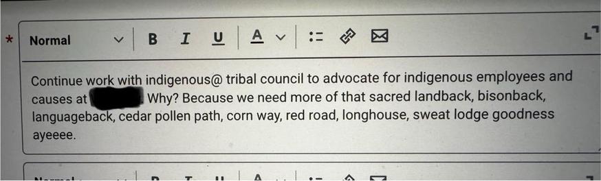 Continue work with indigenous@ tribal council to advocate for indigenous employees and causes at Why? Because we need more of that sacred landback, bisonback, languageback, cedar pollen path, corn way, red road, longhouse, sweat lodge goodness ayeeee.