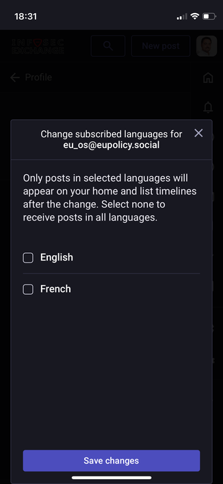 Screenshot of “change subscribed languages” setting on a fediverse account