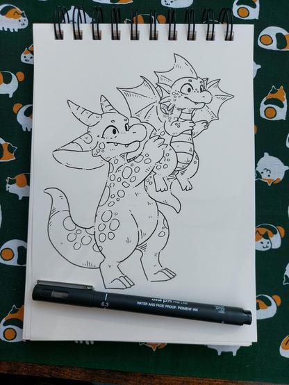 A black and white inked drawing of a kobold holding up a little dragon whelping.