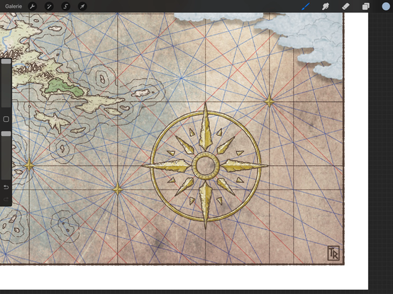 A part of a map showing the main compas on a functionnal portulan grid. The copass is brass like with blades detached