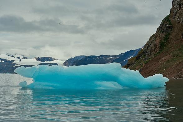 An ice floe sits in front of the Arctic's chiselled landscape.  Reflections can be seen in the soft, ripple water.  Behind there is a rock face with patches of green growth, leading to baren rock and a glimpse of a glacier on the left.