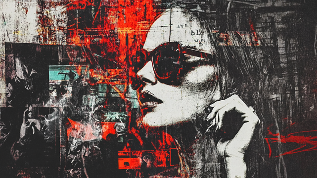 Regard sur la Désinformation
Portrait stylisé d’une femme en lunettes sombres, au cœur d’un collage chaotique mêlant images urbaines, flammes rouges et fragments de médias.
Stylized portrait of a woman in dark glasses, amid a chaotic collage of urban imagery, red flames, and media fragments.
