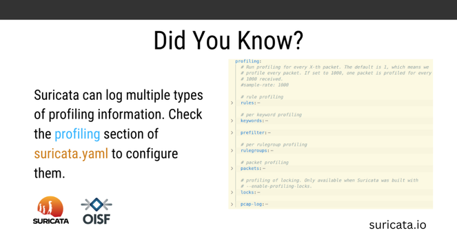 A card mostly white, titled Did You Know?

The right half shows a screenshot of part of the Suricata configuration file (suricata.yaml), showing some profiling options.

The left part has the text: "Suricata can log multiple types of profiling information. Check the profiling section of suricata.yaml to configure them."

The bottom shows Suricata and OISF logos on the left, and the Suricata page (suricata.io) on the right.