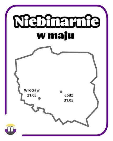 Prosta mapa Polski z naniesionymi miastami Wrocław i Łódź z datami: wrocław 21.05 i łódź 31.05. To terminy niebinarni w tych miastach.