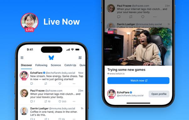 Bluesky profile with “live now” indicator