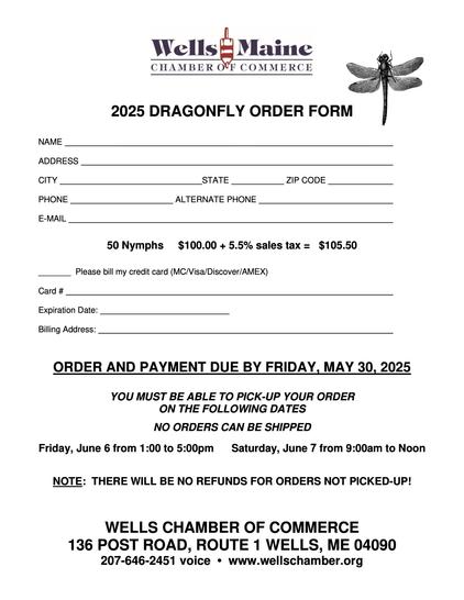 Form for ordering dragonfly nymphs from the Wells, Maine, Chamber of Commerce.