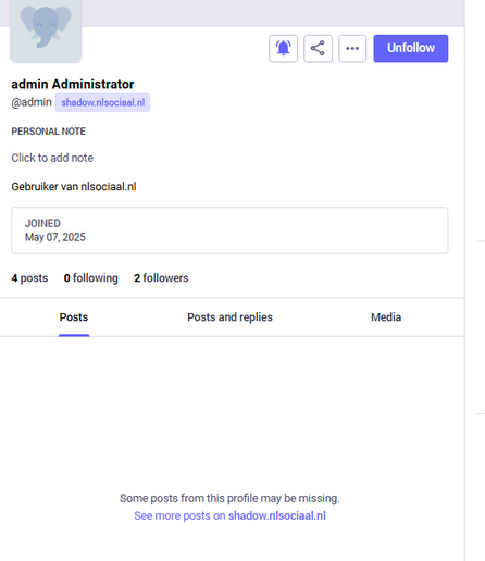 Profile for the admin account mentioned in the post that shows no posts.