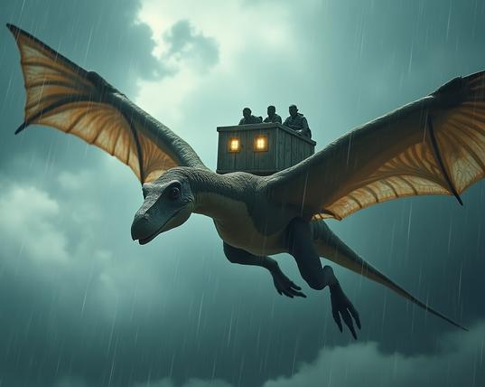 A dragon or a flying dinosaur is flying with three people on a wooden box on its back. It's raining.