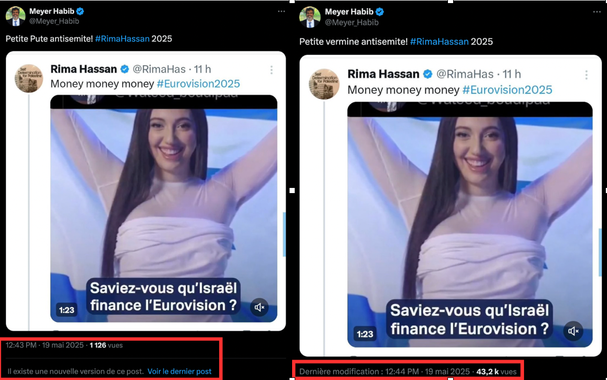 Premier Tweet de Meyer Habib disant "Petite pute antisémite #RimaHassan 2025" puis second modifié en "Petite vermine antisémite #RimaHassan 2025" car Rima Hassan a posté "Money Money Money #Eurovision2025" avec une photo ayant du texte qui dit "Saviez-vous qu'Israël finance l'Eurovision ?"