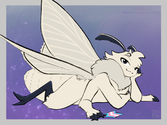 An anthropomorphic poodle moth lays on her front, her head resting in one hand while her other three lay on the floor, one of which is holding a trans flag.