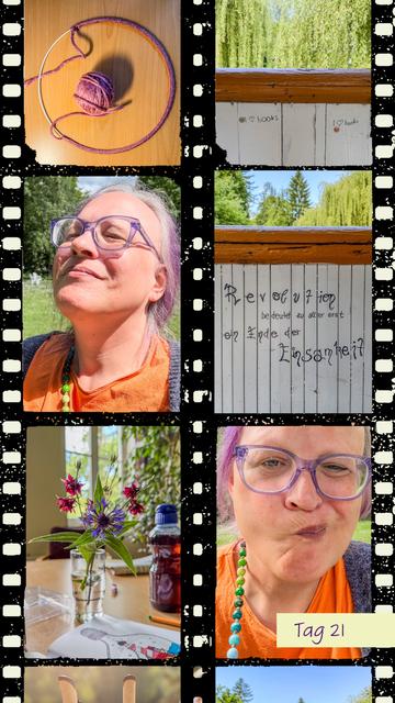 Filmstreifen-Collage, die den 21. Tag einer Traumatherapie dokumentiert – ein Tag voller Emotionen. Oben links der beginnende Kreis eines Traumfängers aus lila Garn, ein Symbol für Schutz und Heilung. Daneben ein Blick durch ein Fenster ins Grüne, die Sonne scheint auf sanft hängende Weiden. Eine kleine, humorvolle Graffiti-Botschaft im Fensterrahmen spielt mit den Worten „I love books“ und „I love boobs“. In der Mitte links ein Selfie: Die Person mit lila Haaren, lila Brille, orangenem Shirt und bunter Perlenkette wendet das Gesicht der Sonne zu – ein Moment des Innehaltens und bewussten Spürens. Rechts daneben ein Graffiti, das zum Nachdenken anregt: „Revolution bedeutet zu aller erst ein Ende der Einsamkeit?“ Unten links ein bunter Wildblumenstrauß auf einem Tisch, Symbol für die kleinen Schönheiten des Alltags. Daneben ein weiteres Selfie – die Person wirkt geschafft und emotional, die Wangen aufgeblasen, ein Versuch, den Tag mit etwas Leichtigkeit zu nehmen. Unten der handgeschriebene Hinweis: „Tag 21“.