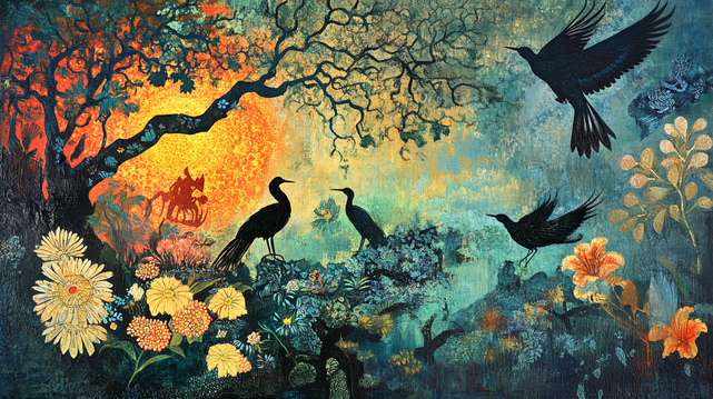 Chœur Crépusculaire Mystique
Silhouettes d’oiseaux dans un paysage féerique au coucher du soleil, entourés de fleurs éclatantes et d’arbres tourmentés.
Silhouettes of birds in a magical sunset landscape, surrounded by vivid flowers and twisted trees.