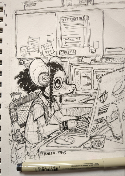 Sketch by Tealful Eyes of an anthropomorphic mouse woman working in their office typing on the computer looking at one of 2 monitors. Various sticky notes, pages, and labels are adhered to the cabinet above their desk.