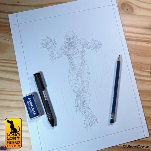 pencil sketch of the Creature from the Black Lagoon