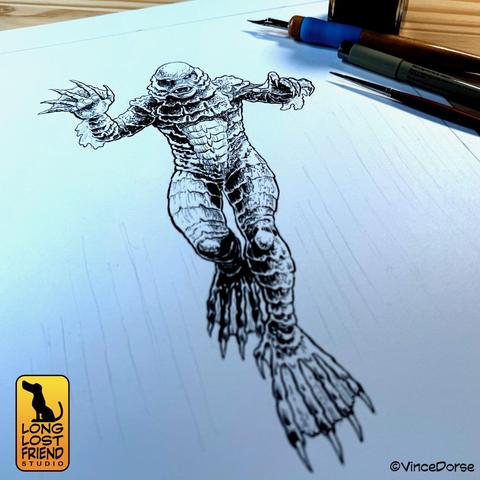 beginning inks on Creature from the Black Lagoon sketch. Creature inked with dip pen and brush.