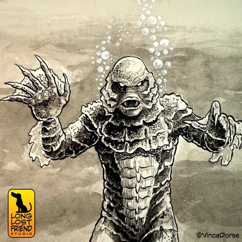 detail of finished Creature from the Black Lagoon ink and wash illustration. Creature is floating in a murky lagoon, bubbles rising from the gills on his head.