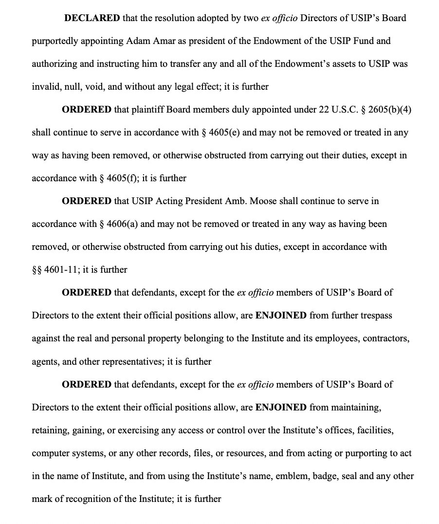 DECLARED that the resolution adopted by 2 ex officio Directors of USIP's Board purportedly appointing Adam Amar as president of the Endowment of the USIP Fund & authorizing & instructing him to transfer any & all of the Endowment's assets to USIP was invalid, null, void, & w/o any legal effect; …plaintiff Board members duly appointed under 22 USC §2605(b)(4) shall continue to serve in accordance w/ §4605(e) & may not be removed or treated in any way as having been removed, or otherwise obstructed from carrying out their duties…; …USIP Acting President Amb. Moose shall continue to serve in accordance w/ §4606(a) & may not be removed or treated in any way as having been removed, or otherwise obstructed from carrying out his duties…; …defendants, except for the ex officio members of USIP's Board of Directors to the extent their official positions allow, are ENJOINED from further trespass against the real & personal property belonging to the Institute & its employees, contractors, agents, & other representatives; …[&] are ENJOINED from maintaining, retaining, gaining, or exercising any access or control over the Institute's offices, facilities, computer systems, or any other records, files, or resources, & from acting or purporting to act in the name of Institute, & from using the Institute's name, emblem, badge, seal & any other mark of recognition of the Institute; it is further