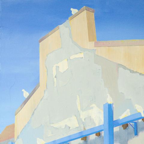 Painting by Aurel Porté depicting a vacant space in an urban block left by a demolished building. It shows the wall of an adjacent building heavily shored up to compensate for the stability provided by the destroyed structure. In urban planning, such spaces are called "hollow teeth." They are common in suburbs undergoing renovation, such as those around Paris.