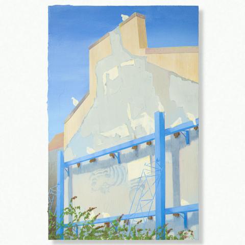 Painting by Aurel Porté depicting a vacant space in an urban block left by a demolished building. It shows the wall of an adjacent building heavily shored up to compensate for the stability provided by the destroyed structure. In urban planning, such spaces are called "hollow teeth." They are common in suburbs undergoing renovation, such as those around Paris.