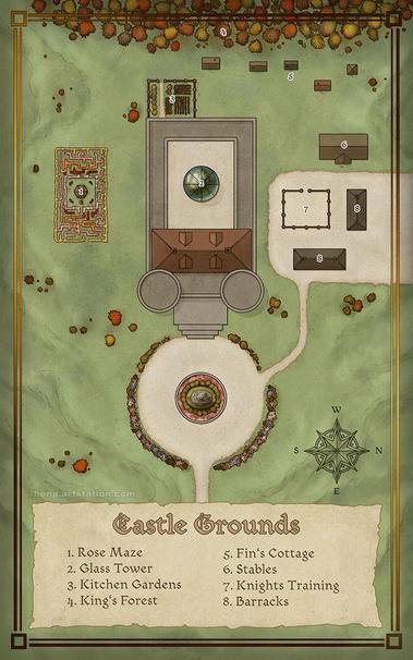 Map illustration of a castle and the surrounding area in a top-down view. To the west, there is a forest with autumn-colored leaves. To the north, there is a plaza with some houses and knight training grounds. To the east, a large roundabout leads to the stairs of the castle. To the south, there is a hedge maze that was grown from different colored roses, with a secluded gazebo sitting in the middle of the maze.