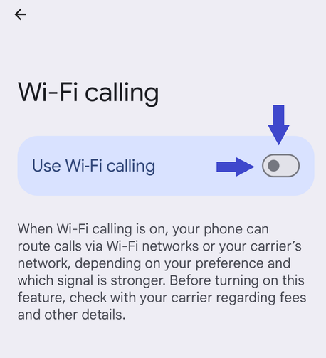 Cropped screenshot of the Wi-Fi calling option screen from an Android phone. The option is set to off.
