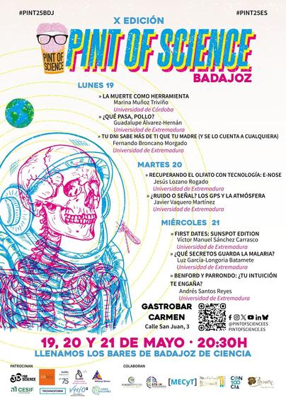 Cartel con la descripción de las charlas del Pint of Science 2025 en Badajoz