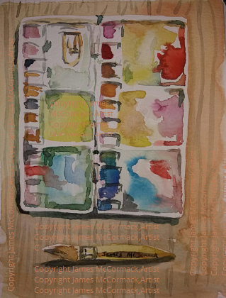 G.
Watercolour Palette with a variety of colours and a brush seen from above . An original, human made composition in watercolour by James McCormack.