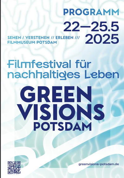 The festival programme's title page, as described in the toot. It runs from May 22 to May 25. It has large writing on paper green-blue ornaments in the background.