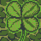 A closeup of a four-leaf clover among a bunch of clovers for the theme "lucky charm", imagined as 48 x 48 pixel art (resized to 144x144)