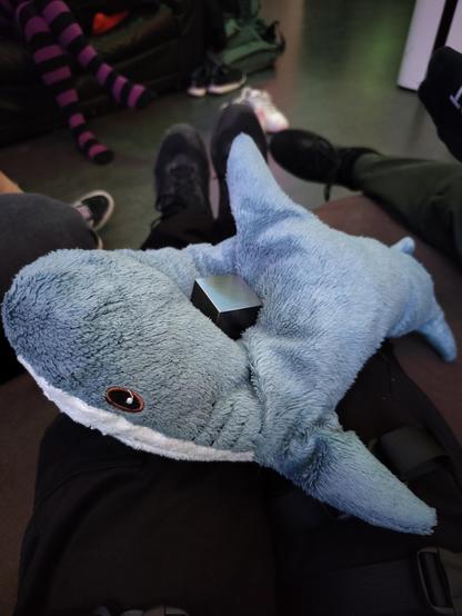Photo of a smahaj plushy lying on my lap, a small tungsten cube on top of it, leaving a deep dent in the haj