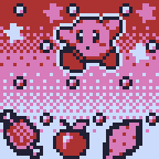 Kirby navigates a plinko-esk area with various items at the lowest level for the theme "plinko", imagined as 48 x 48 pixel art (resized to 144x144)