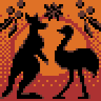 A silhouette of a kangaroo and emu, with a 7-pointed star and flanked with wattle - elements from the Australian "coat of arms" (for the pixel dailies theme), imagined as 48 x 48 pixel art (resized to 144x144)