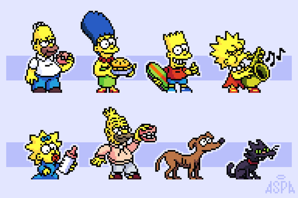 Sprites of the Simpsons in two rows. The first row are Homer, Marge, Bart and Lisa. The second row are Maggie, Abe, Santa's Little Helper and Snowball.