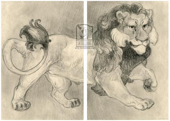 Pencil artwork of a male lion with curled mane and friendly grin, with one paws raised.