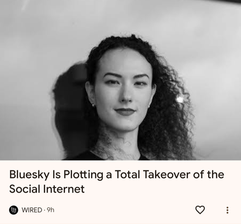 A screenshot of Bluesku.social ceo followed by headline "Bluesky is plotting a total takeover of the social internet".