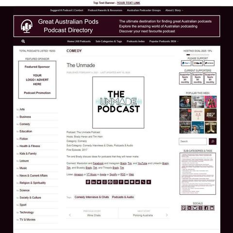The Unmade Podcast
Screenshot of the podcast listing on the Great Australian Pods website