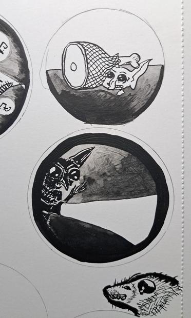 goblin stickers?
Black on white with greyscale.

Sticker 1, flashlight.
Sticker 3, ham

an opossum outside of the lines.
Little bugger must have snuck in.