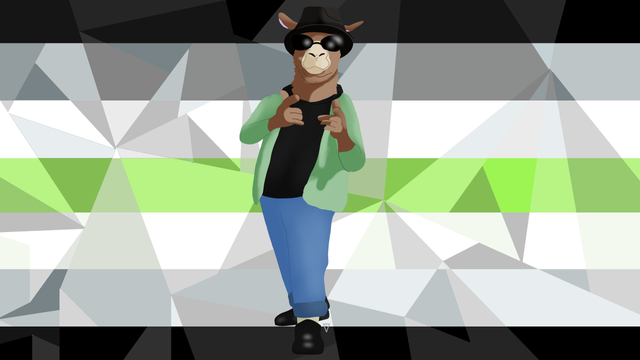 An anthropomorphic agender llama sporting a snazzy Fedora and a light green jacket, finger pointing right at you. They might not fit into any specific gender, but they’re definitely here for a good time and a great outfit!