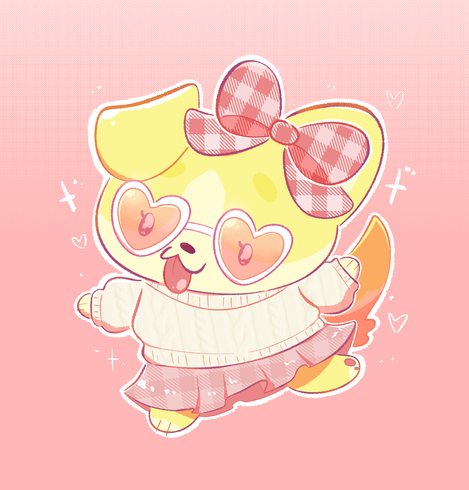 Art of my Hello Kitty Island Adventure OC, a bright yellow dog with one floppy ear and one pointy ear. She's wearing a cream sweater with a pink, plaid skirt and a ribbon on the same pattern and color on her head. She's wearing heart glasses and has her tongue sticking out.