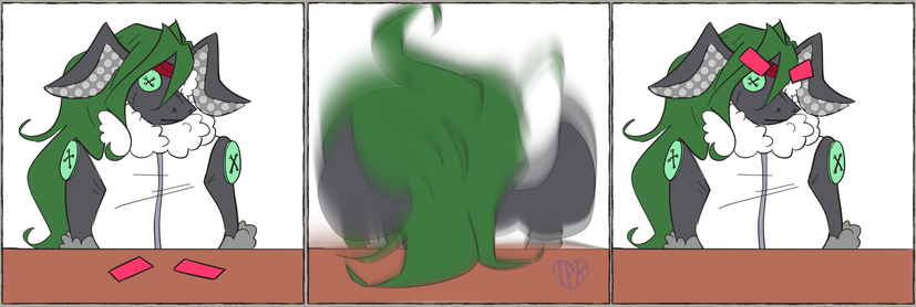An Obstagoon plushie with green hair and a red bandanna sits at a table. Two felt rectangles are placed upon it. She headbutts the table, and when she's sat up again, they're stuck to her face like angry eyebrows.