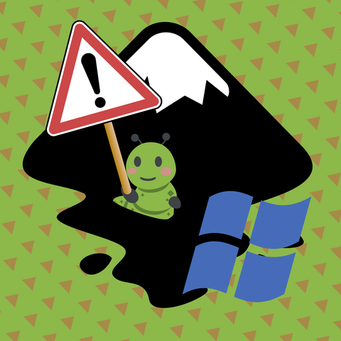 A cute worm / bug coming out of one of the white spaces in the Inkscape logo, holding a 'warning' sign. A Windows logo floats in front of the image.