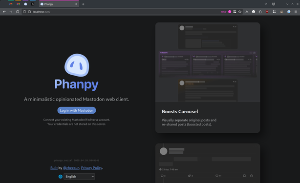 The initial "Log In To Mastodon" screen from the Phanpy Mastodon webclient running `2025.04.28.5849b4d`