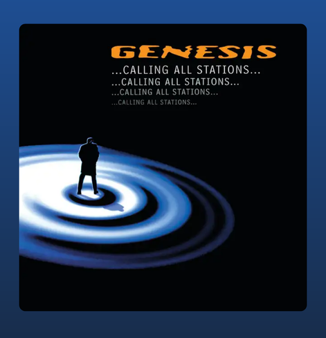 The album cover for Calling All Stations by Genesis features a solitary figure standing in the center of a series of rippling, blue and white concentric waves, set against a dark background. The band name "GENESIS" is displayed at the top in a bold, jagged orange font, while the album title is repeated multiple times in crisp, white text just below. The overall tone of the cover evokes a sense of isolation and resonance, fitting the introspective and atmospheric nature of the album.